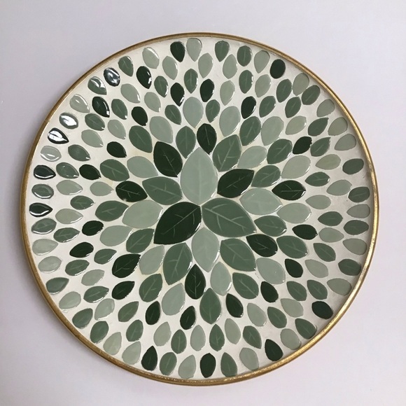 Mid Century Modern Mosaic Tile Round Plate 12” Console Green Leaves Art Vintage - Picture 1 of 16